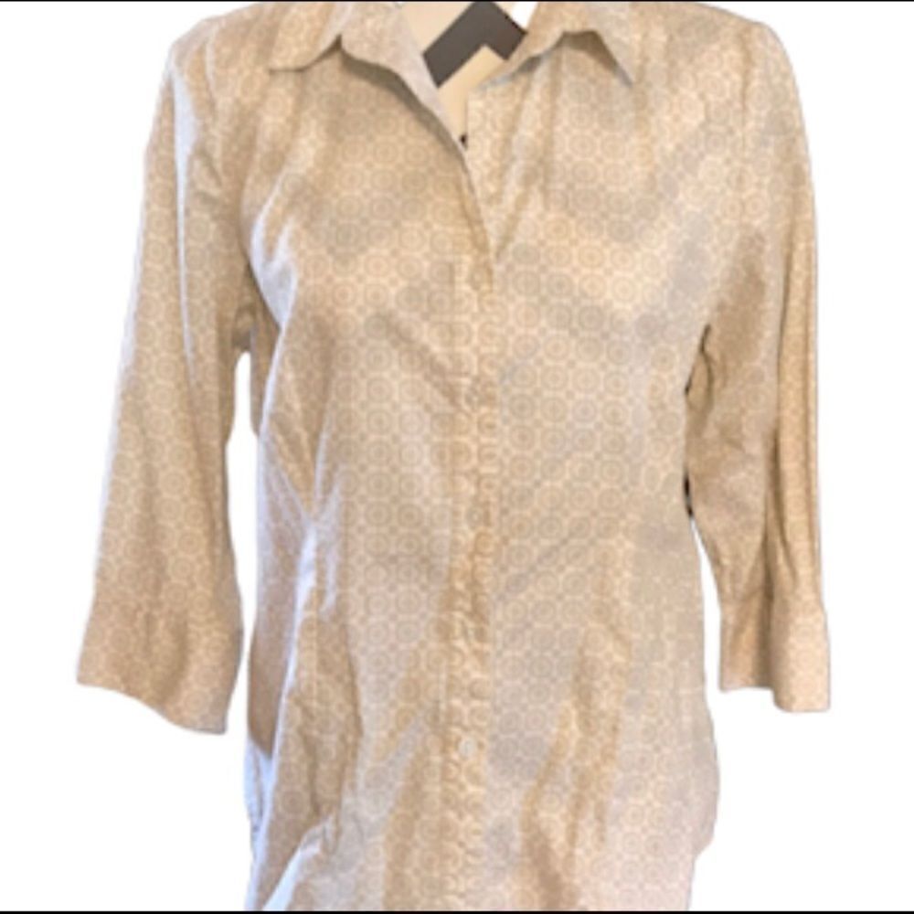 Kim Rogers Small Tan & White Shirt 3/4 Sleeves